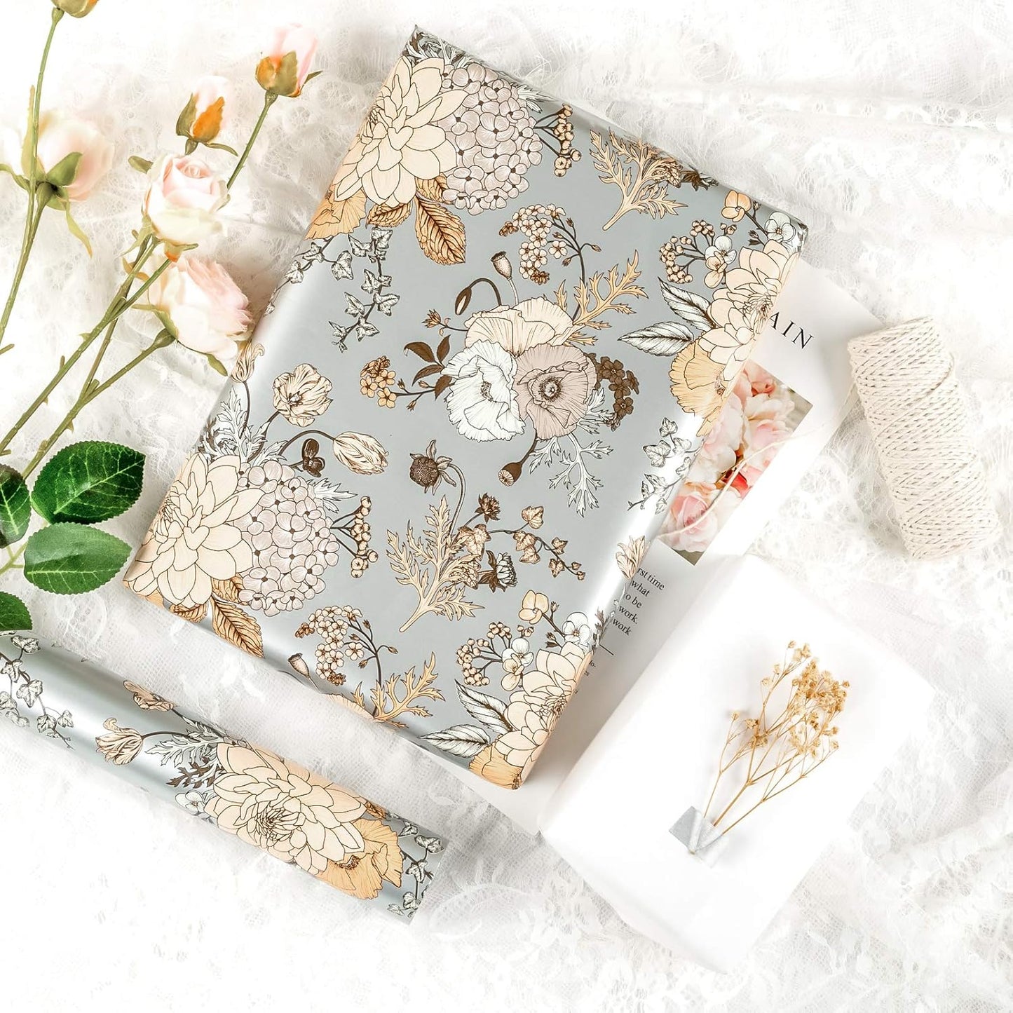 WRAPAHOLIC 30 Inch Jumbo Floral Wrapping Paper - 30 Inch X 33 Feet - Pearlized Silver Vintage Floral Wedding Wrapping Paper for Birthday, Bridal Shower, Baby Shower