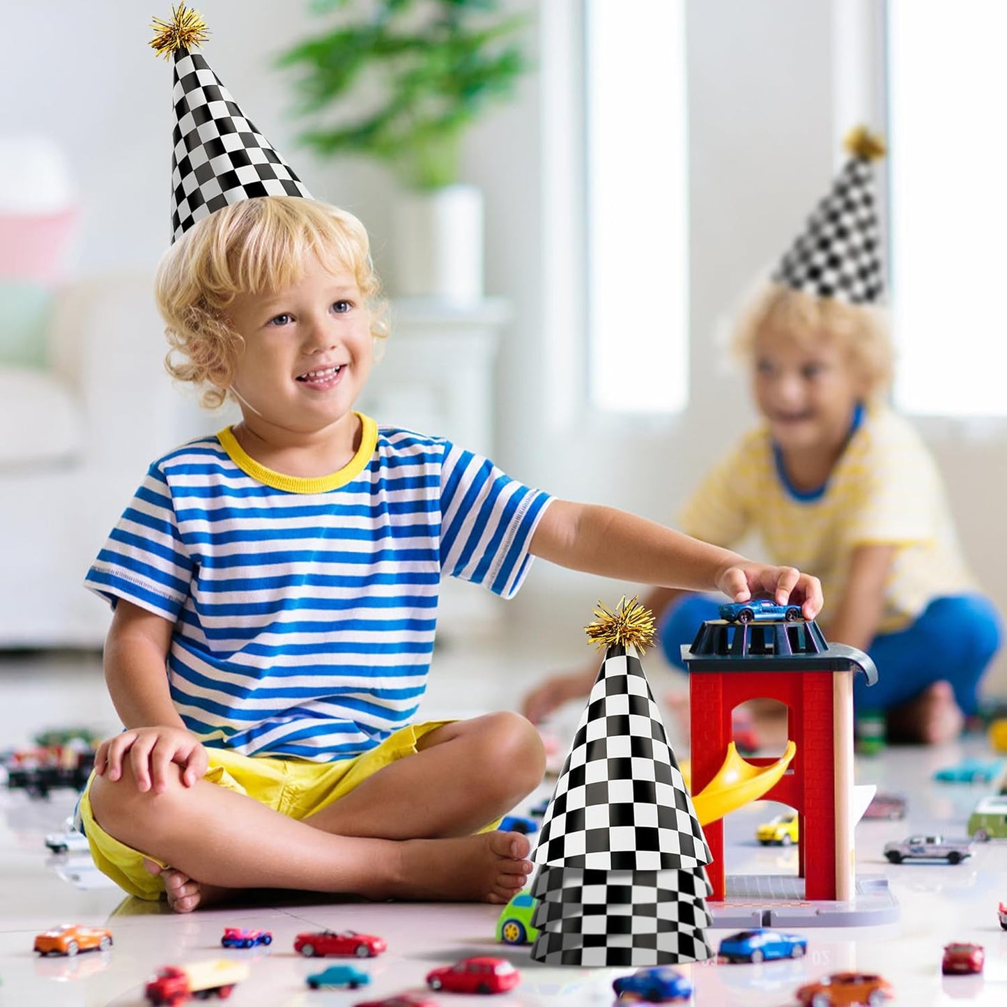 48 Race Car Birthday Party Hats Race Car Party Supplies Include Black White Checkered Cone Hats Gold Noise Makers