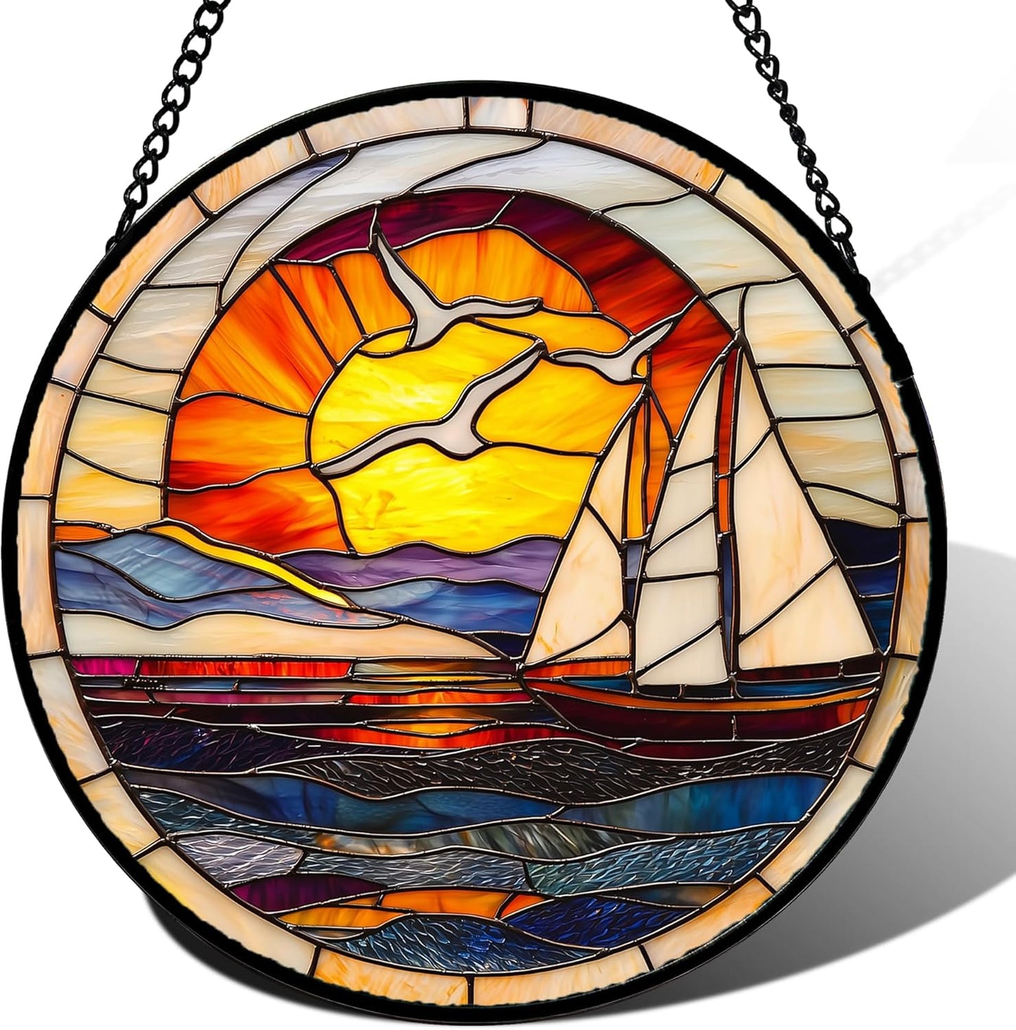 Stained Glass Window Hanging, Sun Ocean Sailboat Seagull Abstract Suncatcher Diamond Glass Panel Sun Catchers Decor for Birthday for Women, Men, Wife, Aunt, and Mom 14.9x14.9 in