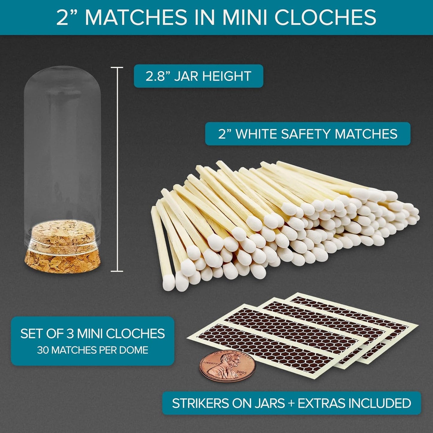 2" White Tip Matches with 3 Mini Cloche Jar + Striker Stickers Included | 100 Classic White Decorative Matches with a Small Glass Holder | Gifts, Home Decor, & Candle Accessories by Thankful Greetings