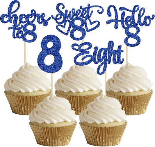 30Pcs 8th Birthday Cupcake Toppers Glitter Eight Hello 8 Cupcake Picks Cheers to 8 Years Old Cake Decorations for 8th Birthday Party Supplies Deep Blue
