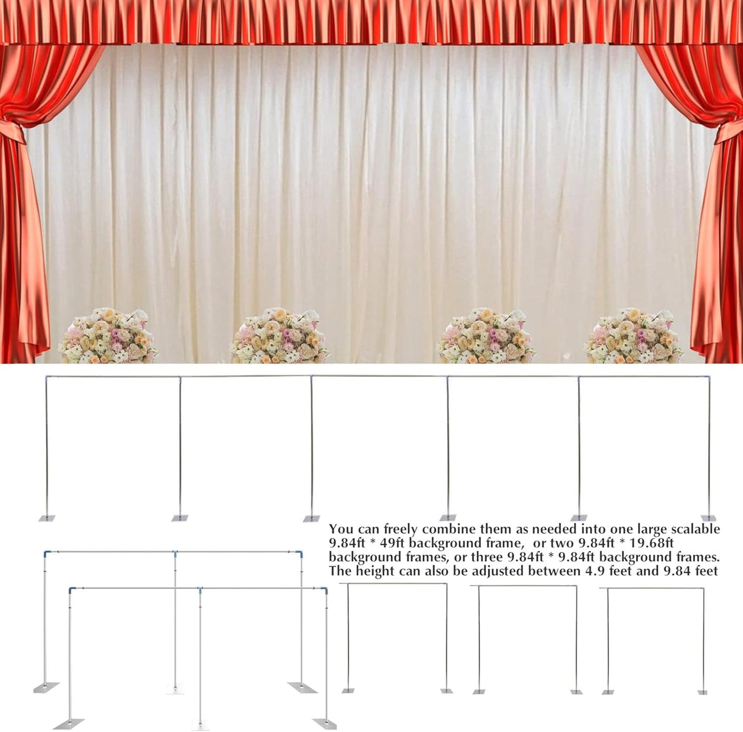 49ft*10ft Adjustable Telescopic Portable Pipe and Drape Backdrop Stand Kit Splitly, Heavy Duty Wedding Party Event Studio Photography Background Support System Trade Show Curtain Frame Stand