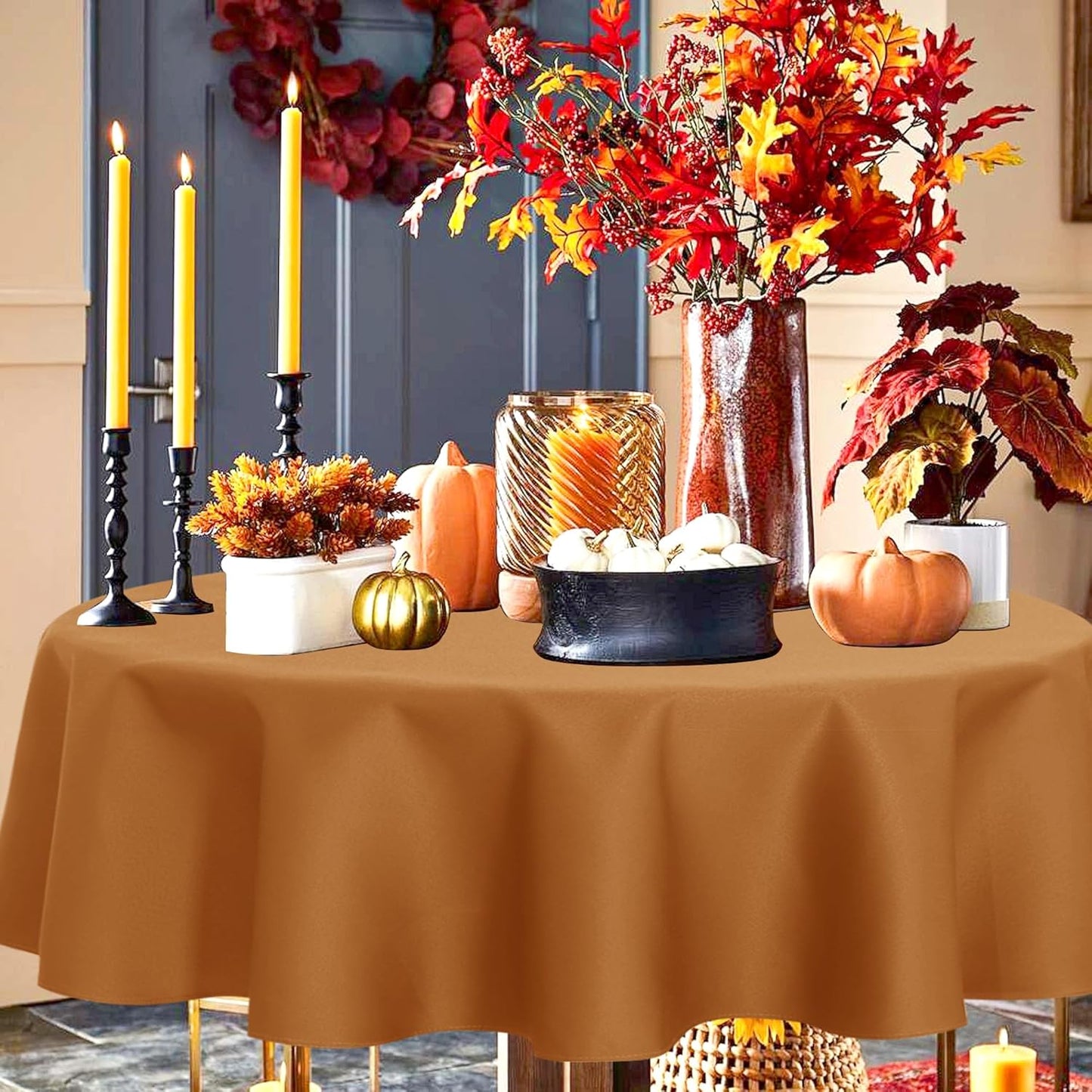 sancua Round Tablecloth 70 Inch(Fits 20-58 Inch Tables) - Water Resistant Spill Proof Washable Polyester Fall Table Cloth Decorative Fabric Table Cover for Dining Tables Thanksgiving Parties, Bronze