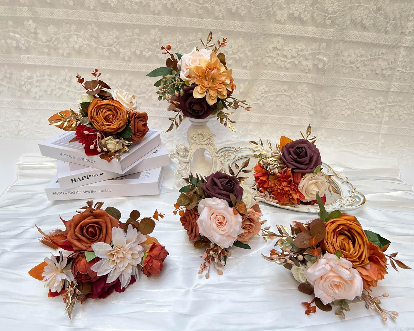 CherishedMoments Set of 6 Assorted Flower Centerpieces Mini Floral Wedding Flowers Set for Fall Wedding Table Centerpieces Decoration, Burnt Orange Bouquets and Home Decor