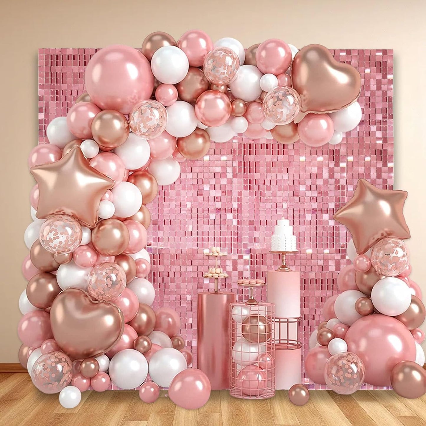 12PCS Rose Gold Shimmer Wall Backdrop, Square Sequin Photo Backdrops Panel, Glitter Wall Background for Birthdays, Weddings, Engagements, Baby Showers, Disco Bachelorette Party Decoration (3FTx4FT)