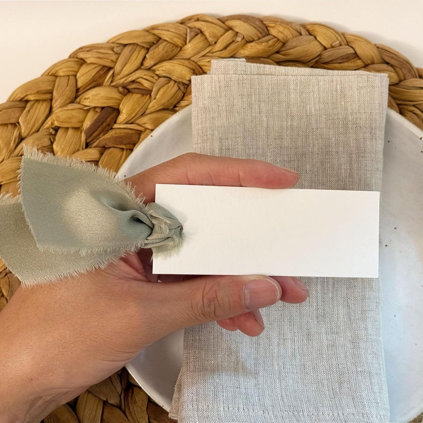 40 Pcs Place Cards for Table Setting - 3.94"X1.57" Table Name Cards with Dusty Green Ribbon Name Tags for Wedding Dinner Party Events