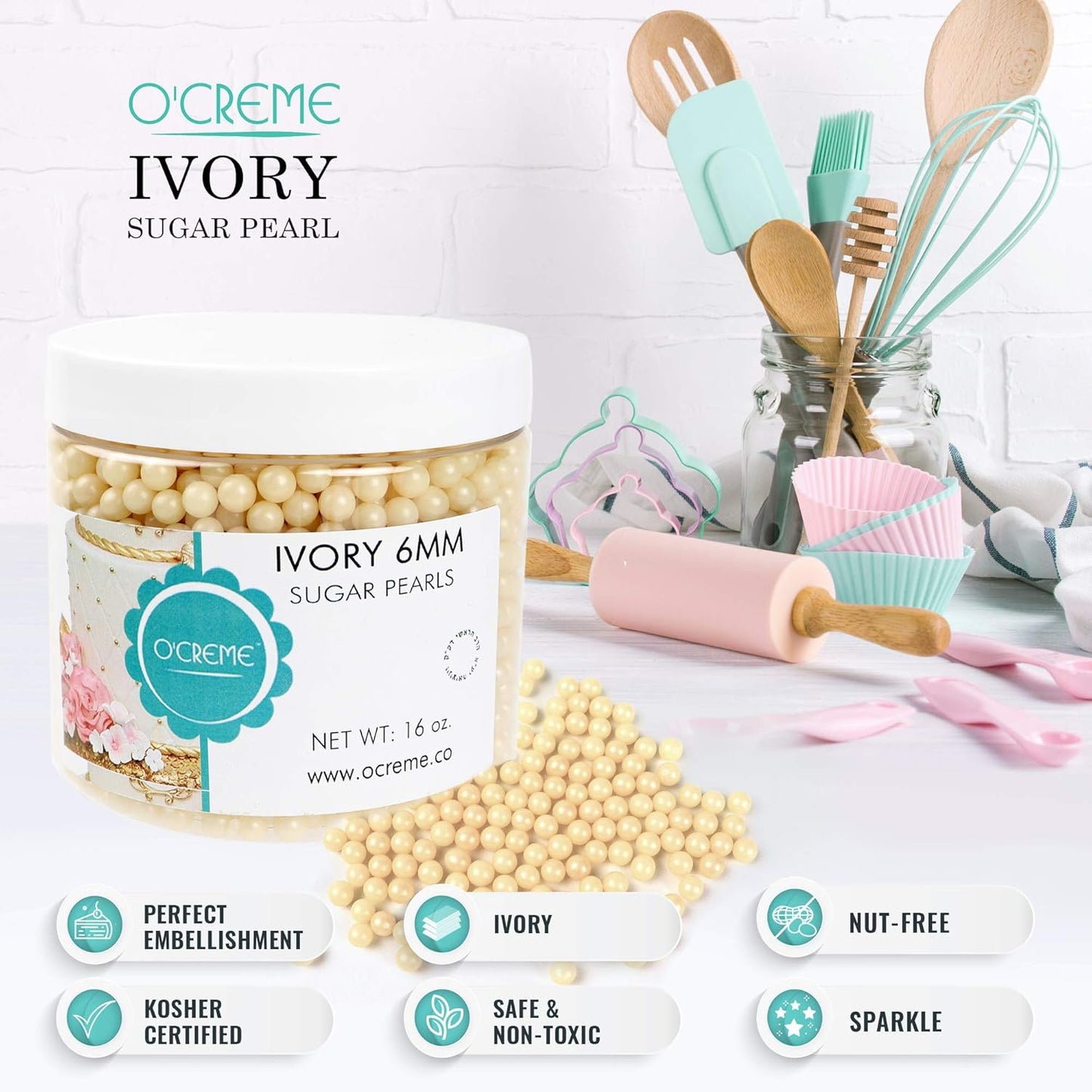 O'Creme Ivory Edible Sugar Pearls Cake Decorating Supplies for Bakers: Cookie, Cupcake & Icing Toppings, Beads Sprinkles For Baking, Certified, Candy Sugar Ball Accents (8mm, 32 oz)