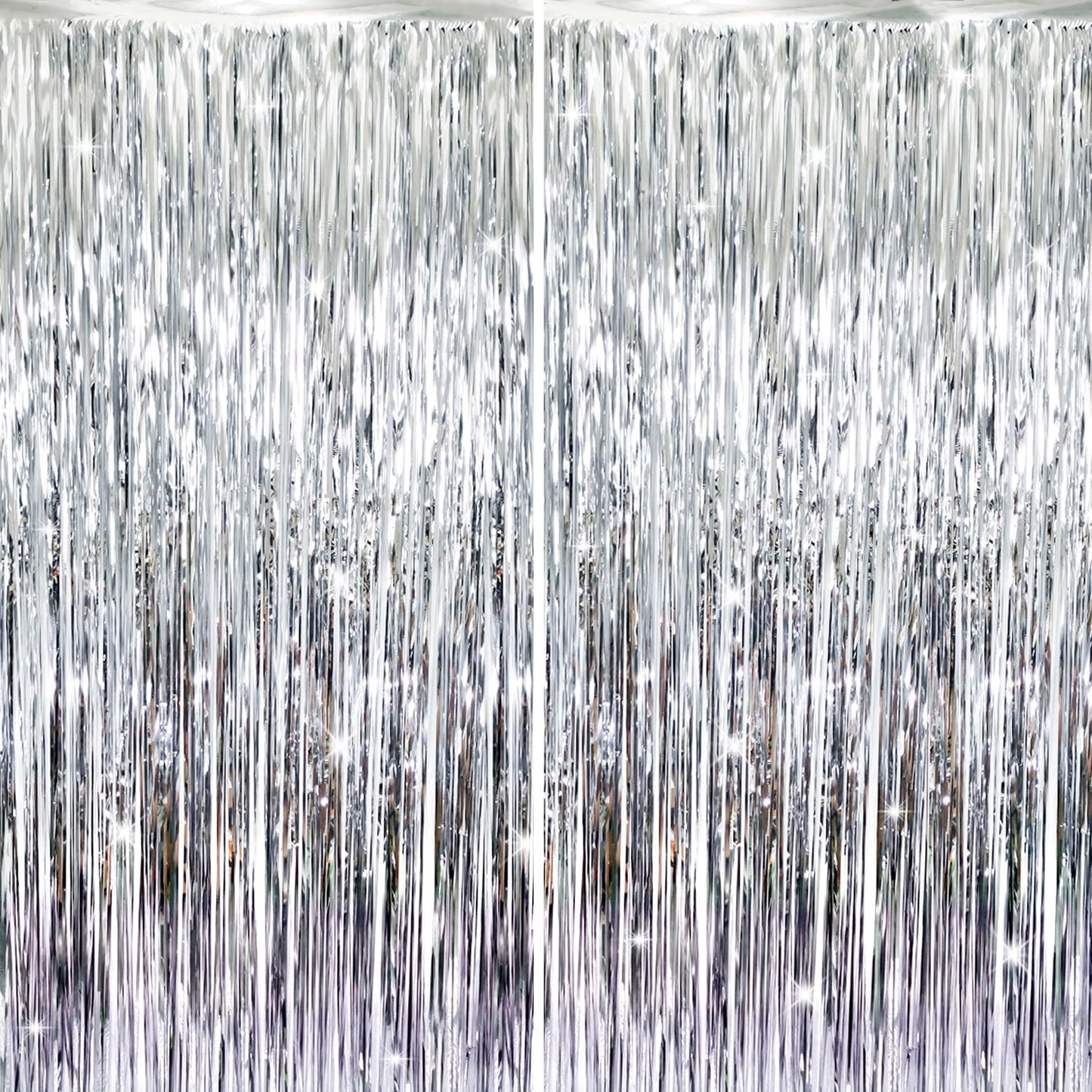 GOER 6.4 ft x 8.2 ft Metallic Tinsel Foil Fringe Curtains,Pack of 2 Party Streamer Backdrop for Birthday,Graduation Decorations and New Year Eve (Silver)