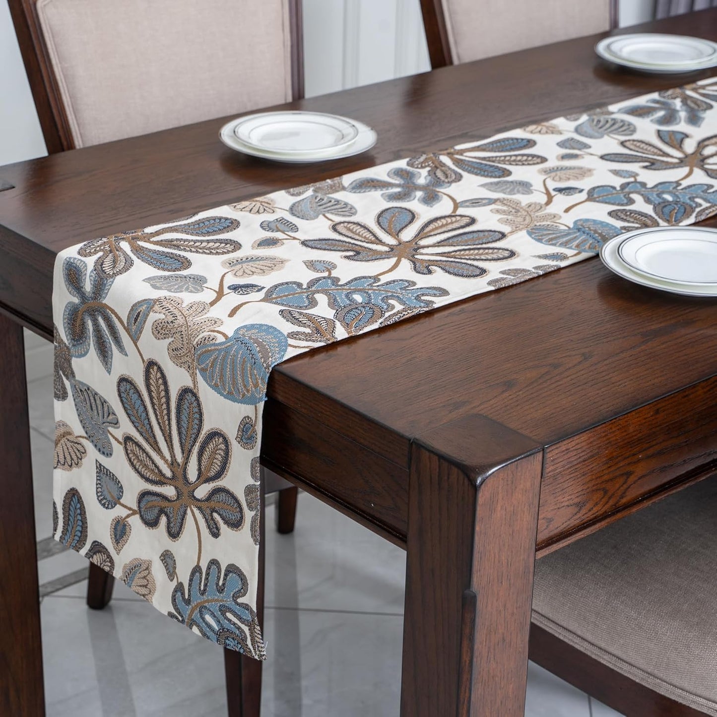 Mika Home Tropical Leaf Table Runner for Home Decor 13X72 Inches Blue Brown Seasonal Dining Table Decoration for Home