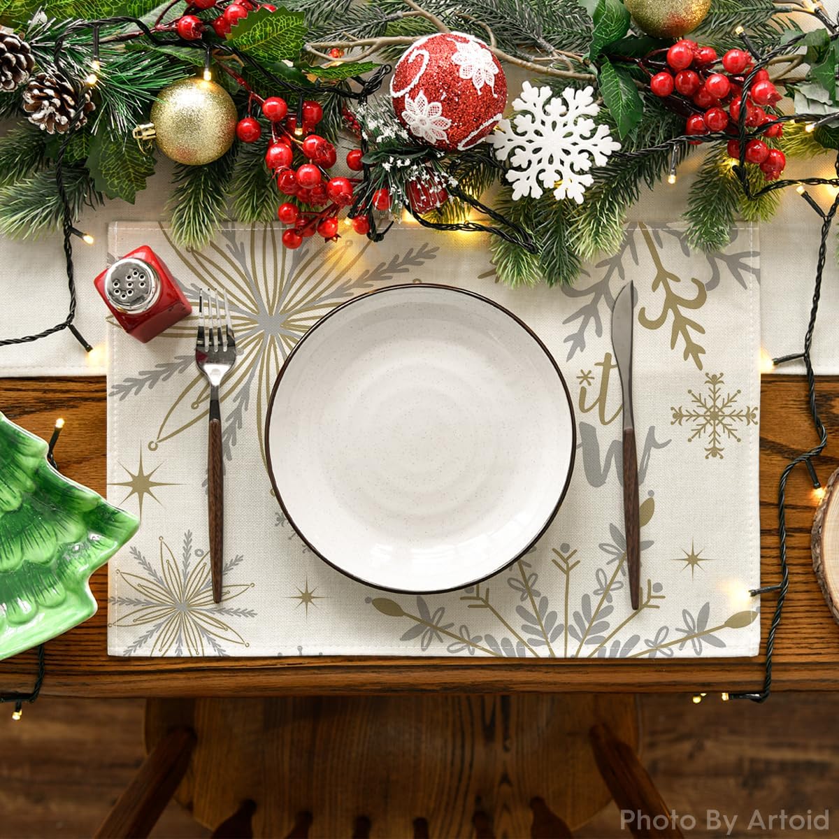 Artoid Mode Beige Snowflake Let It Snow Winter Placemats Set of 6, 12x18 Inch Seasonal Christmas Table Mats for Party Kitchen Dining Decoration
