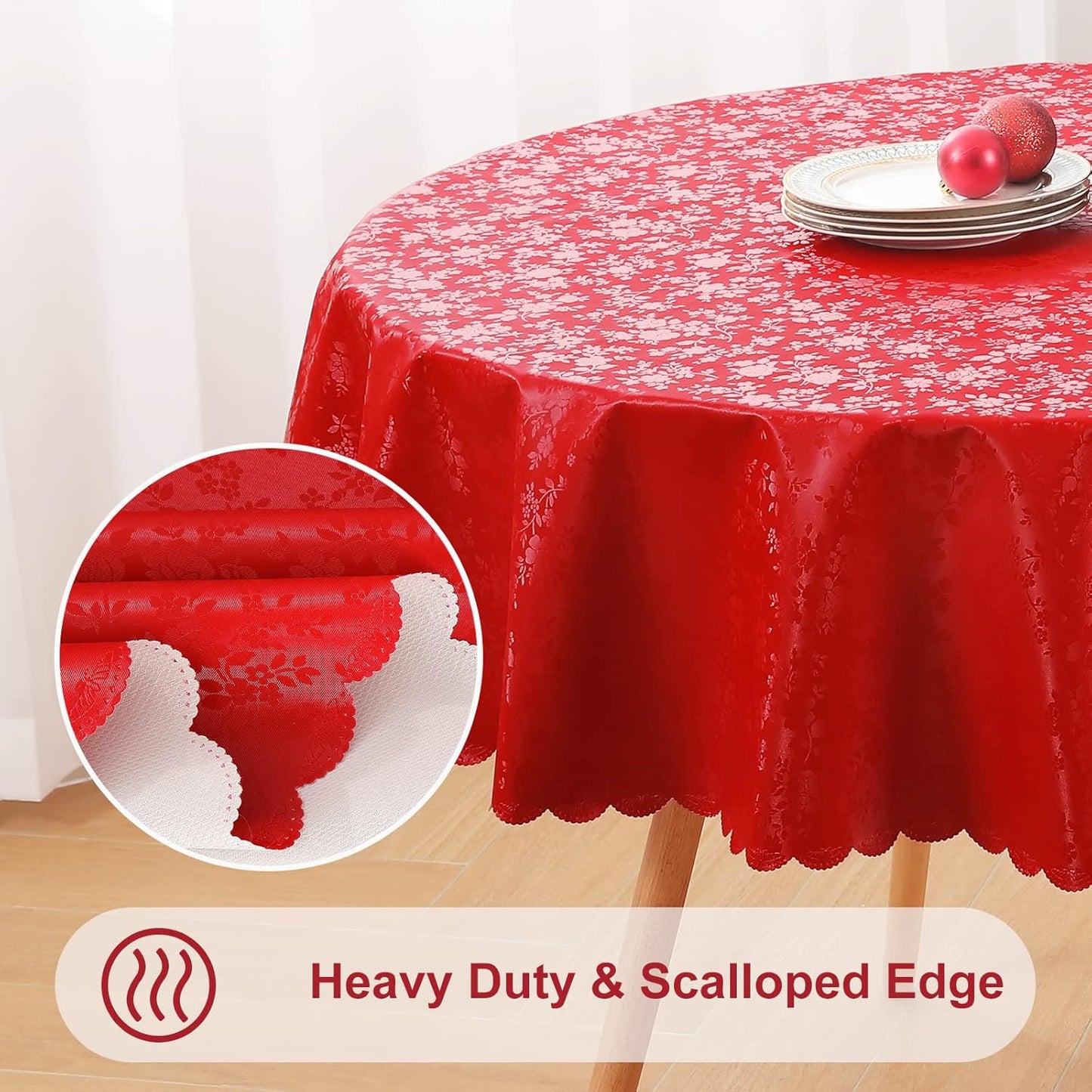Smiry Round Table Cloth, Waterproof Heavy Duty Vinyl Tablecloths, Wipeable Washable Table Cover for Kitchen and Dining Room (Red, 70" Round)