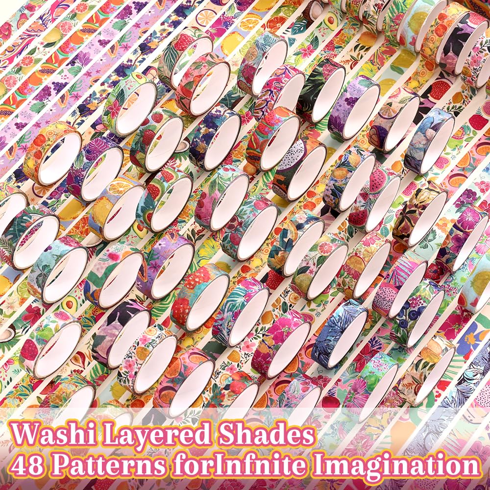 48 Rolls Fruit Theme Washi Tape Set, Writable Decorative Tapes for Scrapbooking, Bible Journaling, Bullet Journaling, 0.39"x79" per Roll
