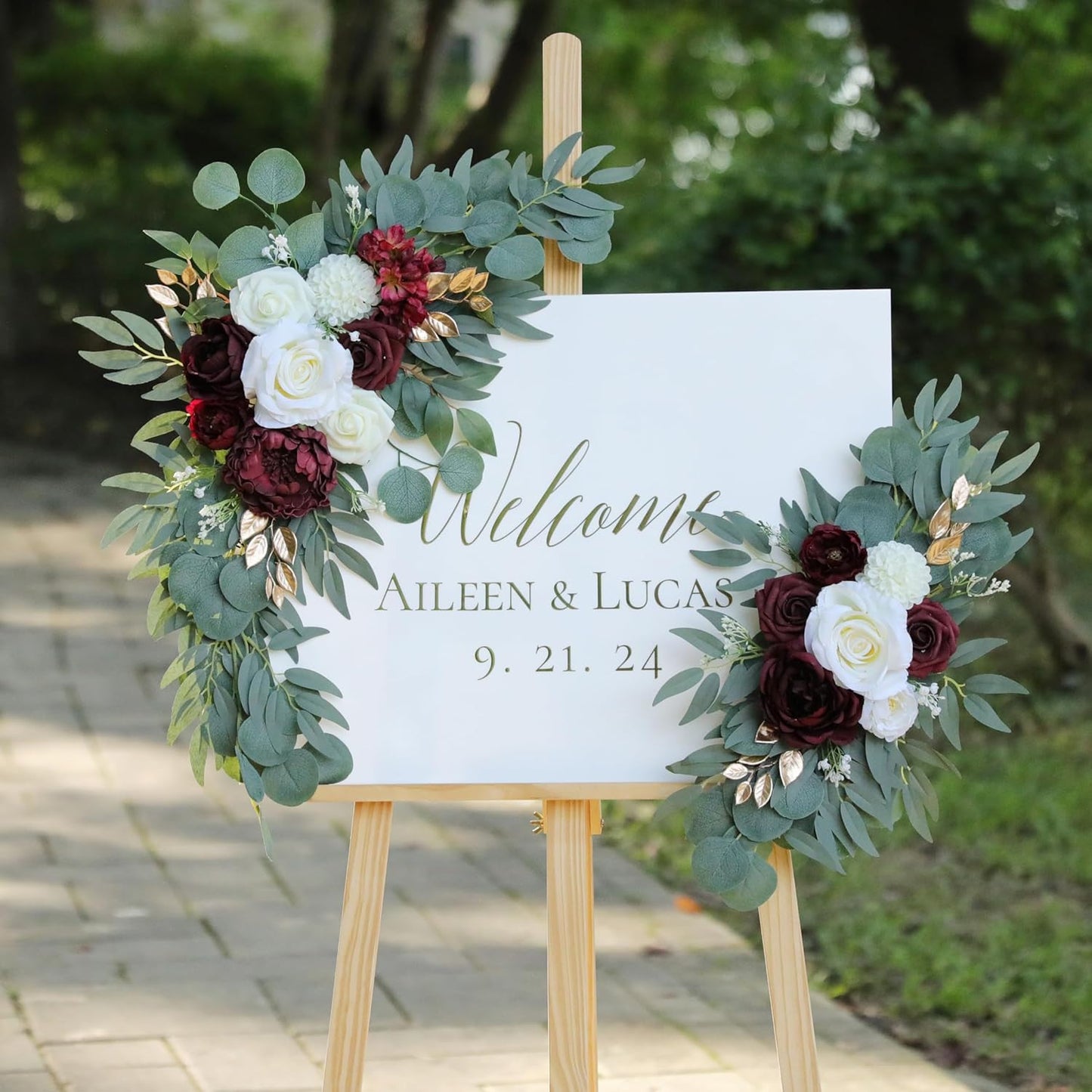 Artificial Burgundy Wedding Arch Flower Swags Set of 2 for Welcome Signs, Reception and Ceremony Decorations - Ivory Floral Decor