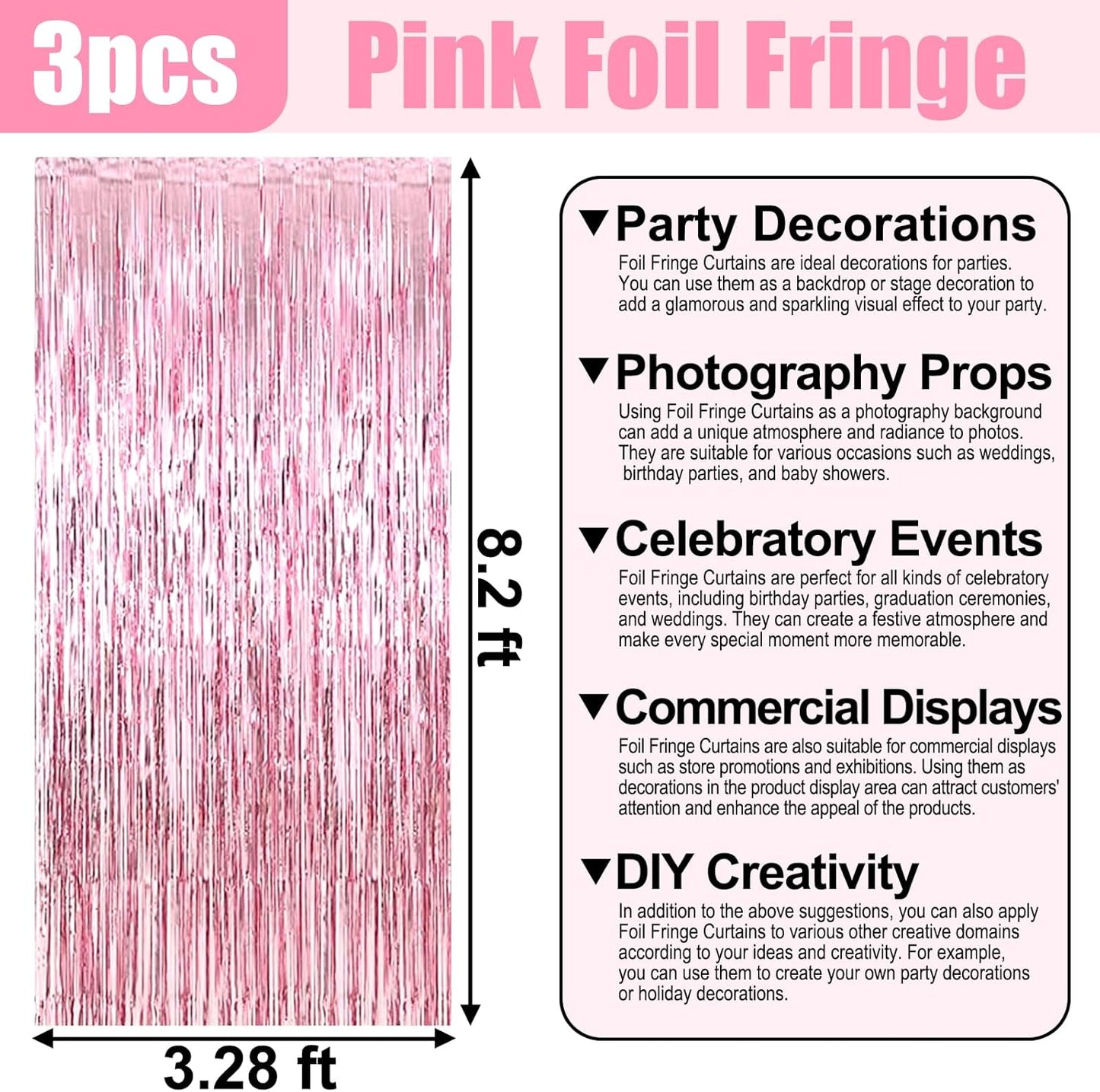 3 Pack Pink Foil Fringe Curtain Backdrop, 3.28Ft x 8.2Ft Metallic Tinsel Foil Fringe Streamer Curtains for Photo Booth, Christmas Day, Thanksgiving, Wedding, New Year Party Decorations