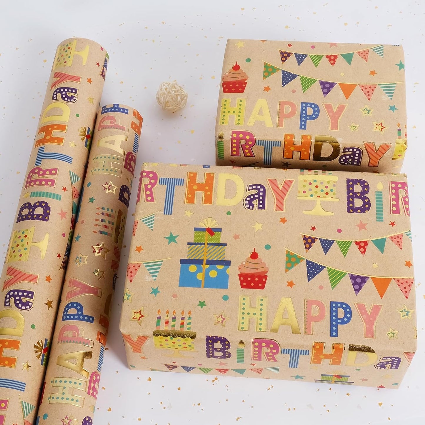 Aimyoo Colorful Birthday Wrapping Paper Roll - 17 Inch X 32.8 Feet - Gold Foil Happy Birthday Lettering, Cupcake & Flags Design Gift Wrap for Kids, Baby Showers