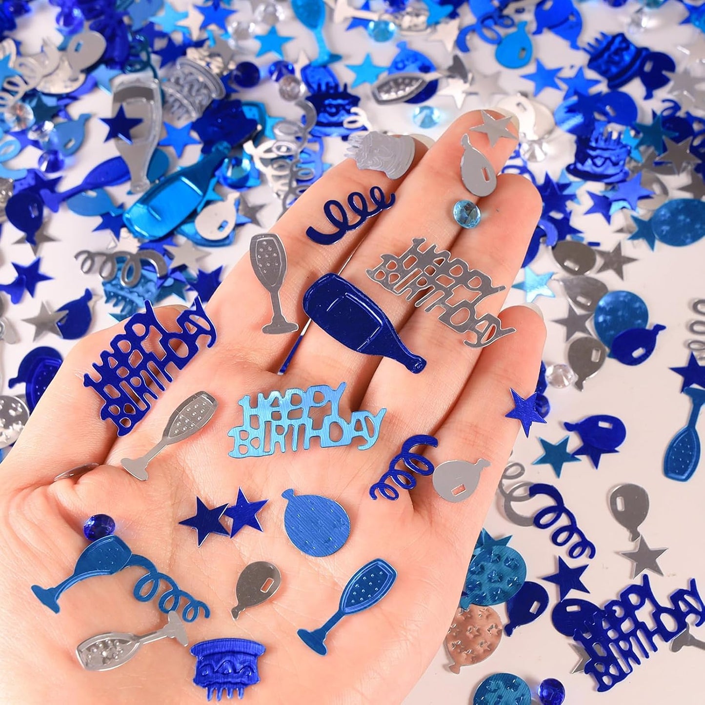 VHUWE Happy Birthday Confetti, 1.6 oz Dark Blue Light Blue Silver Cake Balloon Star Goblet Bottle Glitter Confetti for Boys Girls Kids Women Men Happy Birthday Party Table Decorations Supplies