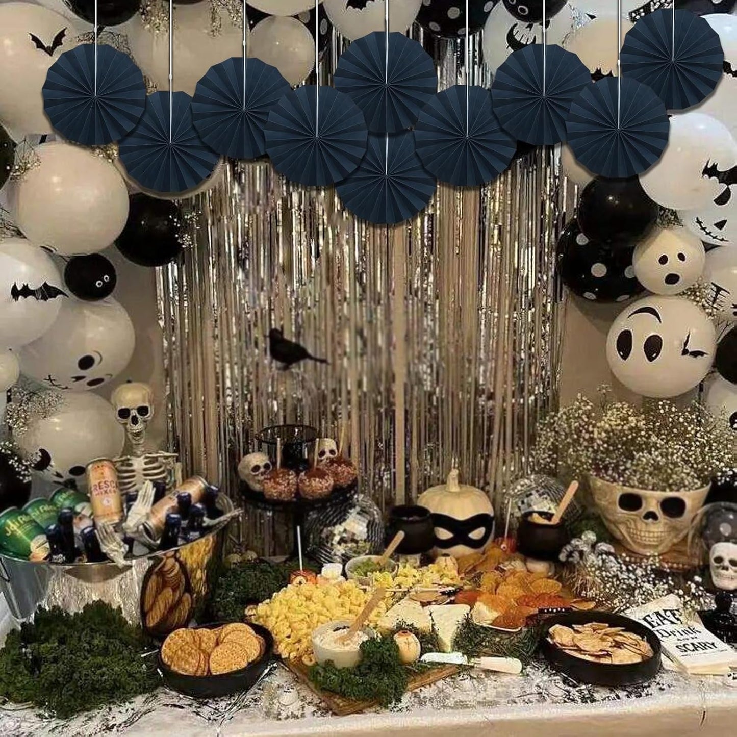 Black Party Decorations,Halloween Decor Events Accessories,Black Birthday Decorations,Anniversary Decorations for Party,Birthday Decorations for Men 8in Hanging Paper Fans 30 Color DIY Set(Black)