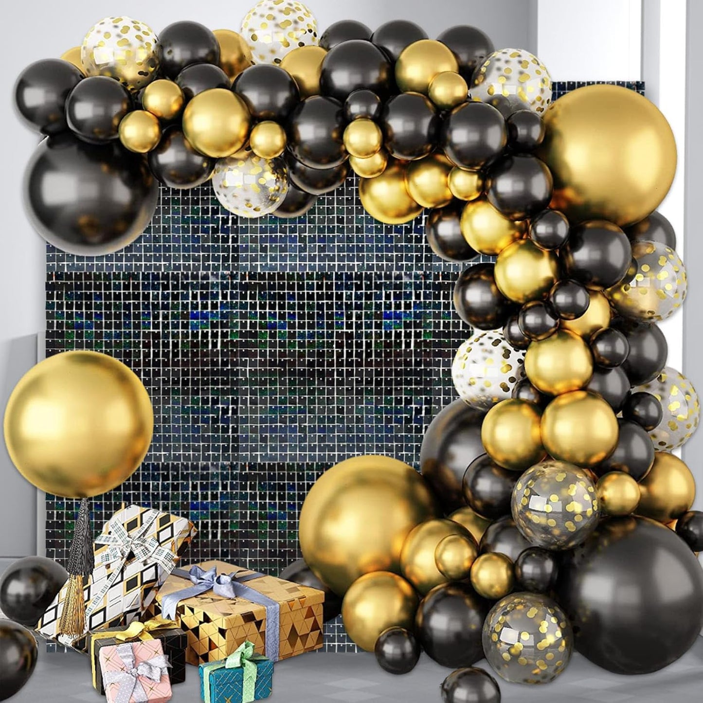 24PCS Black Shimmer Wall Backdrop, Laser Square Sequin Photo Backdrops Panel, Glitter Wall Background for Birthdays, Weddings, Christmas, Engagements, Disco Bachelorette Party Decoration (4FTx6FT)