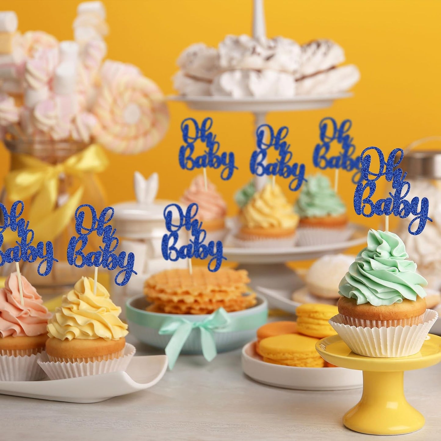 Gyufise 36Pcs Oh Baby Cupcake Toppers Glitter Baby Shower Oh Baby Cupcake Picks for Gender Reveal Baby Shower Kids Boys Girls Birthday Party Cake Decorations Supplies Dark Blue