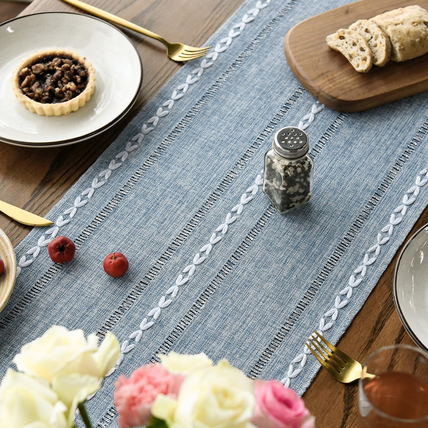 Artoid Mode Dusty Blue Cotton Linen Table Runner, Seasonal Rustic Embroidered Hollow Kitchen Dining Table Decoration for Home Party Decor 13x90 Inch