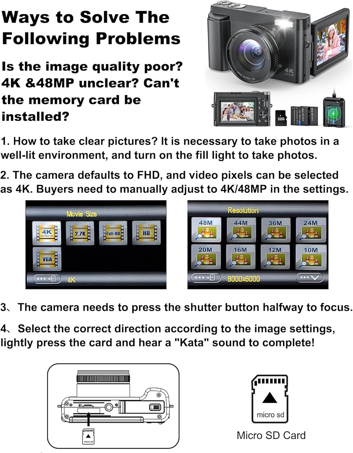 4K Digital Camera for Photography and Video, Autofocus Anti-Shake 48MP Vlogging Camera for YouTube, 3'' 180°Flip Screen Camera with Flash 16X Zoom, Digital Camera with 32GB Card Battery Charger Black