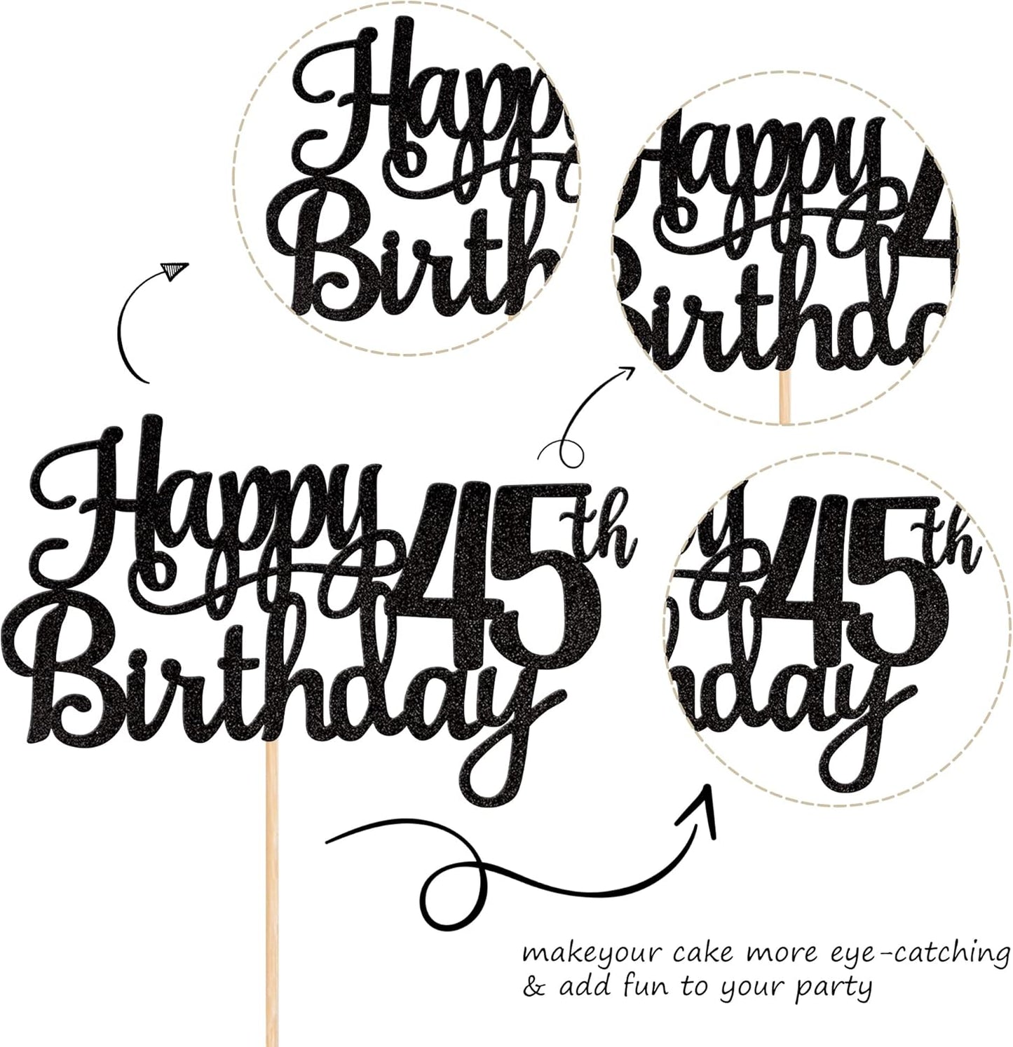 1 PCS Happy 45th Birthday Cake Topper Glitter Cheers to 45 Years Birthday Cake Pick 45 Fabulous Cake Decoration for Happy 45th Birthday Theme Party Decorations Supplies Black