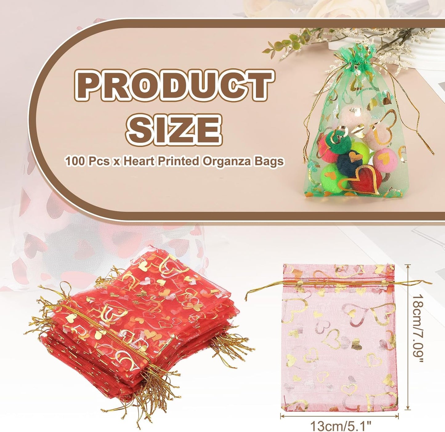 PATIKIL 100 Pcs 5x7 Inch Heart Printed Organza Bags, Red Sheer Heart Organza Bags with Drawstring for Christmas Candy Jewelry Party Wedding Favor Gift