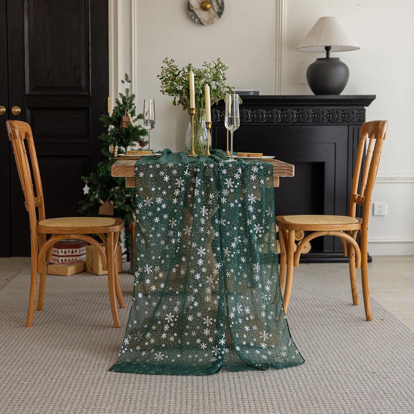 Silvery Snowflake Metallic Print Tulle Christmas Table Runner, Seasonal Winter Kitchen Dining Table Decoration for Home Party Decor 35x120 Inch (Green)