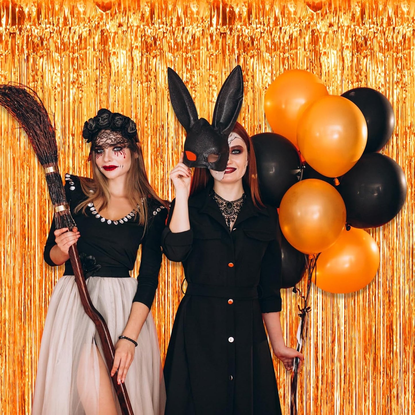 3 Pack Orange Foil Fringe Curtain Backdrop, 3.28Ft x 8.2Ft Metallic Tinsel Foil Fringe Streamer Curtains for Photo Booth, Mother's Day, Easter, Birthday, Wedding Party Decorations