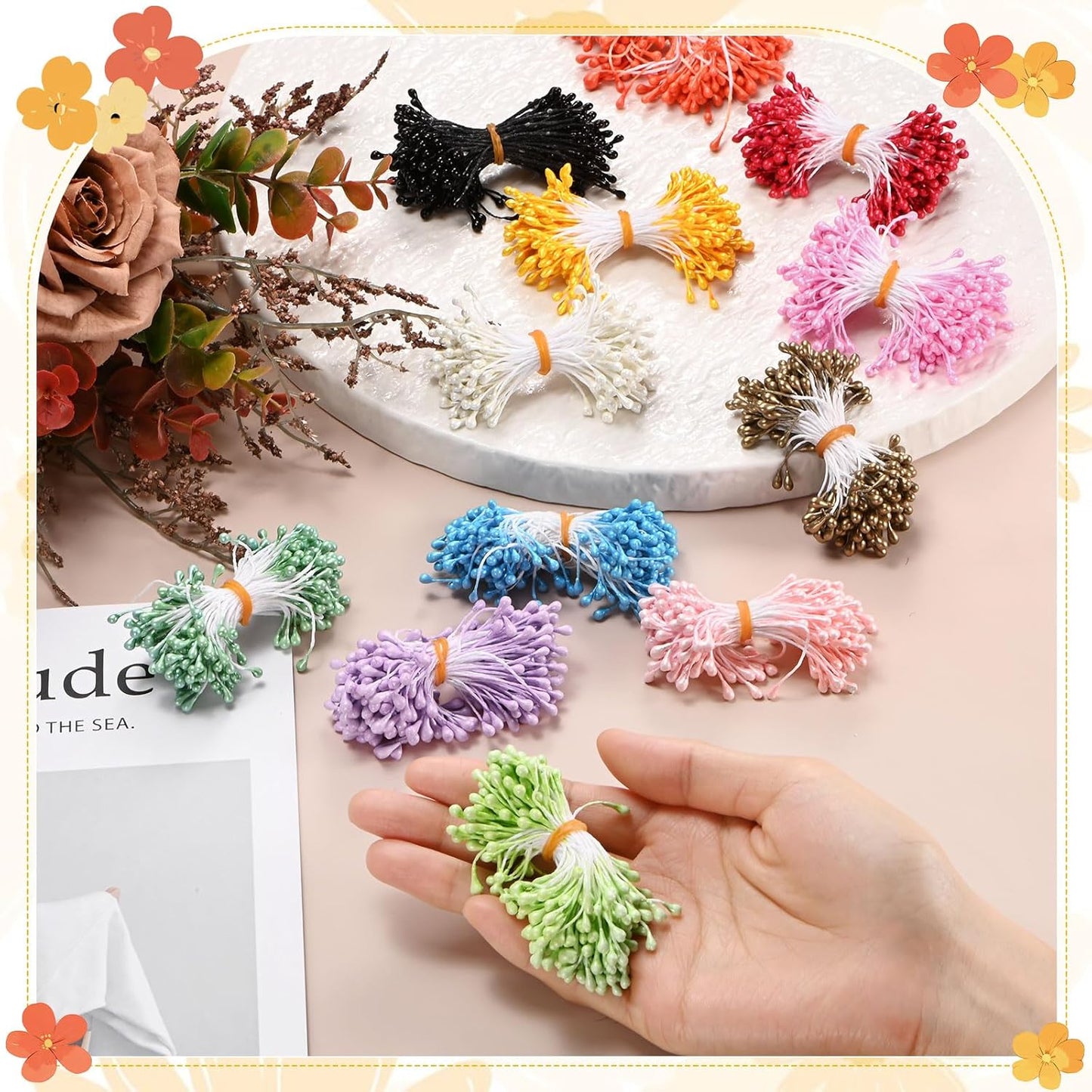600-Pack Flower Stamens for Crafts, 5mm Double Heads Artificial Pearl Floral Pistil Mini Flower Pollens Stamens for DIY Making/Wedding/Scrapbook Decoration [Golden Coffee]