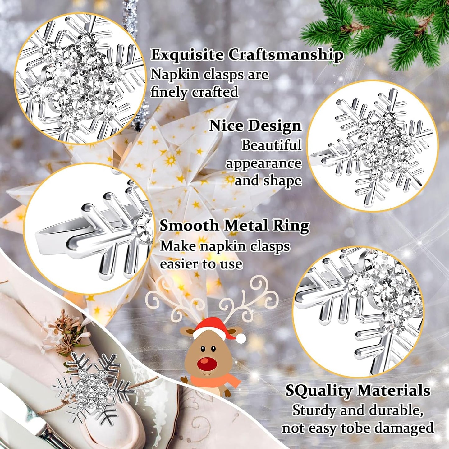 Halatool Christmas Silver Snowflake Napkin Rings Set of 6, Dinner Table Napkin Holder for Christmas Thanksgiving Winter Holiday Place Setting, Weddings, Party Table Decoration
