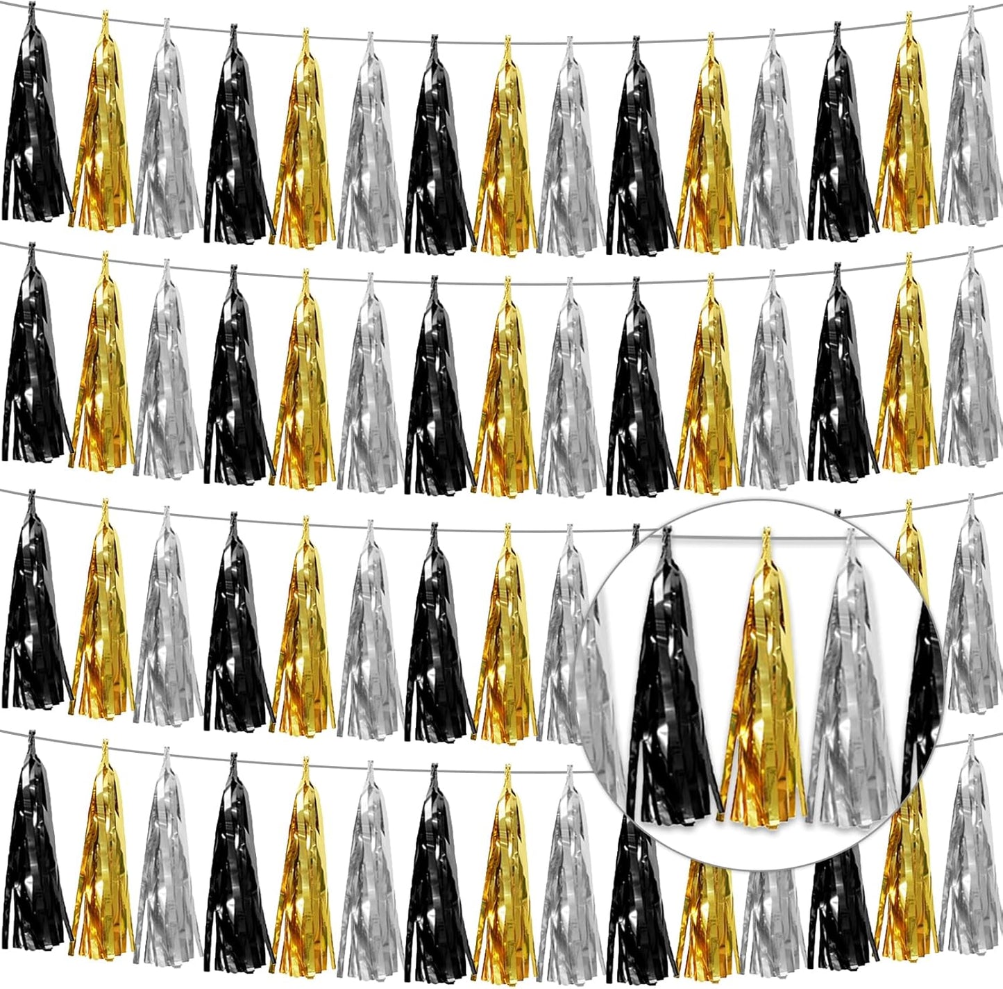 4P Black Gold Silver Foil Fringe Tassel Garland Banner Metallic Tinsel Streamers Wall Hanging Curtain Backdrop Banner for Parade Floats, 2025 Graduation Decorations,New Years Decorations, Father' Day