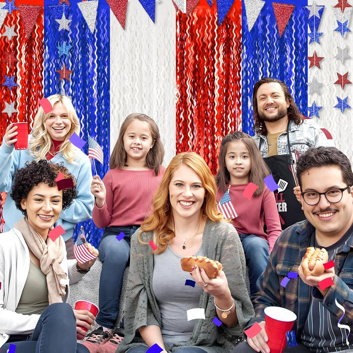 4 Pack White Blue Red Wave Foil Fringe Curtain Backdrop, 3.28Ft x 8.2Ft Metallic Tinsel Foil Fringe Streamer Curtains for Photo Booth, Mother's Day, Easter, Birthday, Wedding Party Decoration