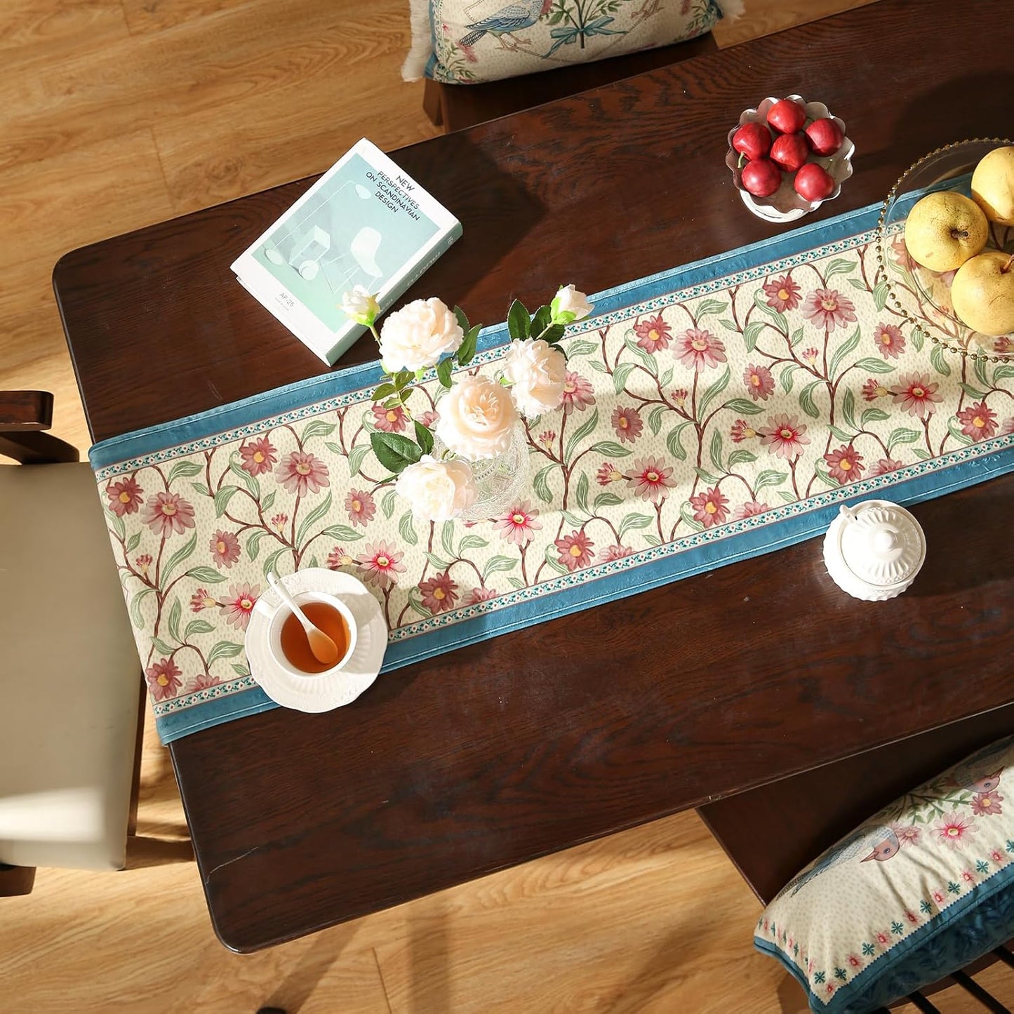 patdrea Designer French Elegant Wild Flowers Velvet Table Runner 102 Inch Long, Beige Pink Floral Table Mat, Decoration for Kitchen Dining Coffee Table Cabinet Banquet Thanksgiving,12"*102"