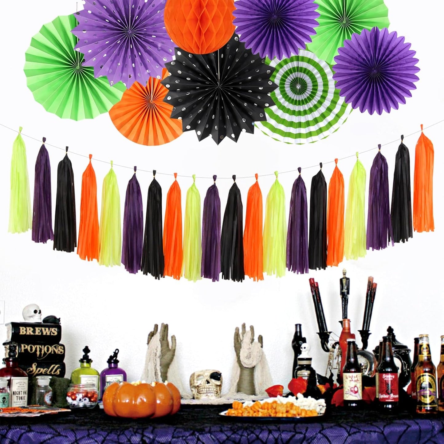 Orange Black Purple Green Party-Decorations - 33Pcs Banner,Halloween Streamers Tassel Garland,Tissue Pom Poms Honeycomb,Paper Lantern Fan,Birthday Wedding Baby Bridal Shower Decor Supplies Hugtmr