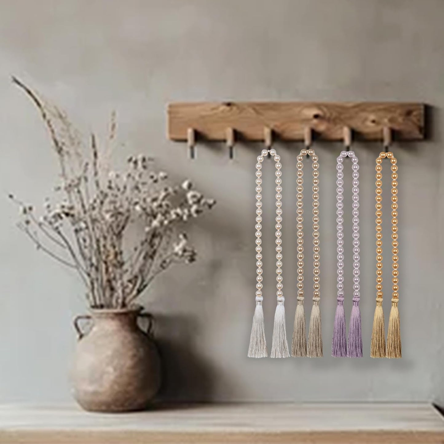 Fenghuangwu 34 Inch Glass Bead Garland with Tassels - Elegant Boho Table Decor, Fringe Wall Hanging for Wedding, Party, Farmhouse Rustic Prayer Bead Home Decoration(2 Pack,Off White)