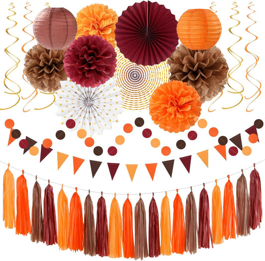 Boho Baby-Shower Burgundy Brown-Orange Party-Decorations - 33pcs Banner,Fall Autumn Streamers Tassel Garland,Tissue Pom Poms Honeycomb,Paper Lantern Fan, Wedding Harvest Rustic Birthday Decor Hugtmr
