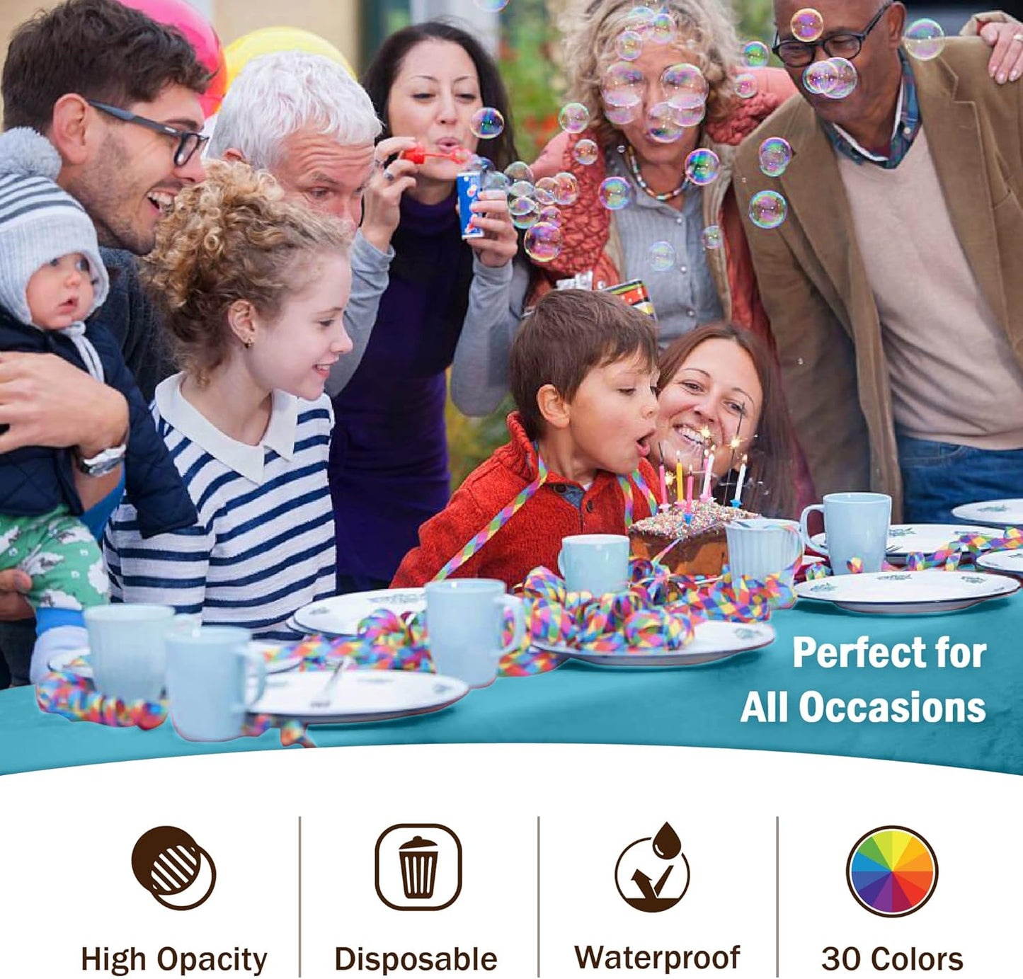 Party Solids Pack Of 12 Premium Plastic Tablecloth 54 Inch x 108 Inch Rectangle Table Cover - Turquoise