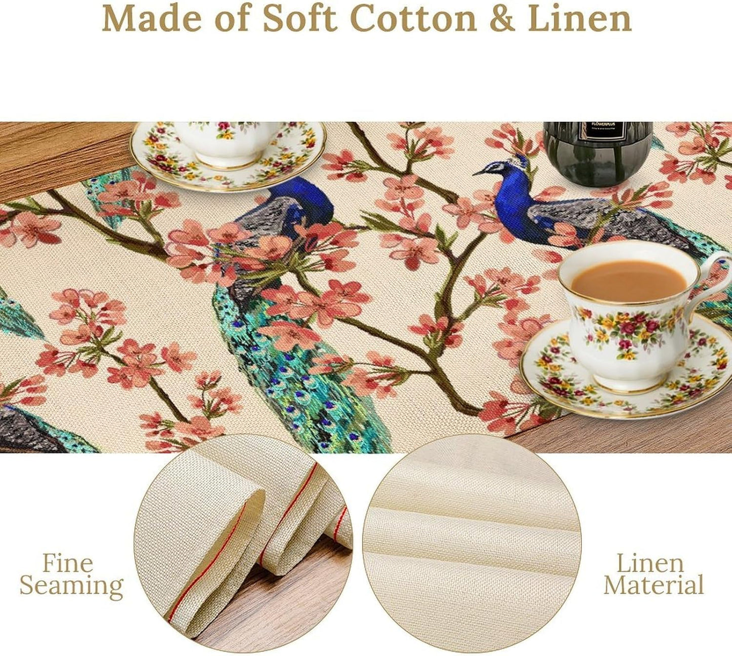 Peacock Table Runner,Spring Floral Peacock Birds Table Runner for Home Kitchen Dining Party Indoor Outdoor Decoration 13x36 Inch