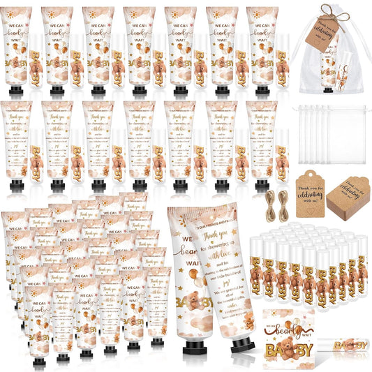 50 Sets 200 Pcs Baby Shower Hand Lotion and Lip Balm Gift Theme Baby Shower Party Favors Travel Size Hand Lotion and Lip Balm Bulk with Organza Bags Tags(Bear)
