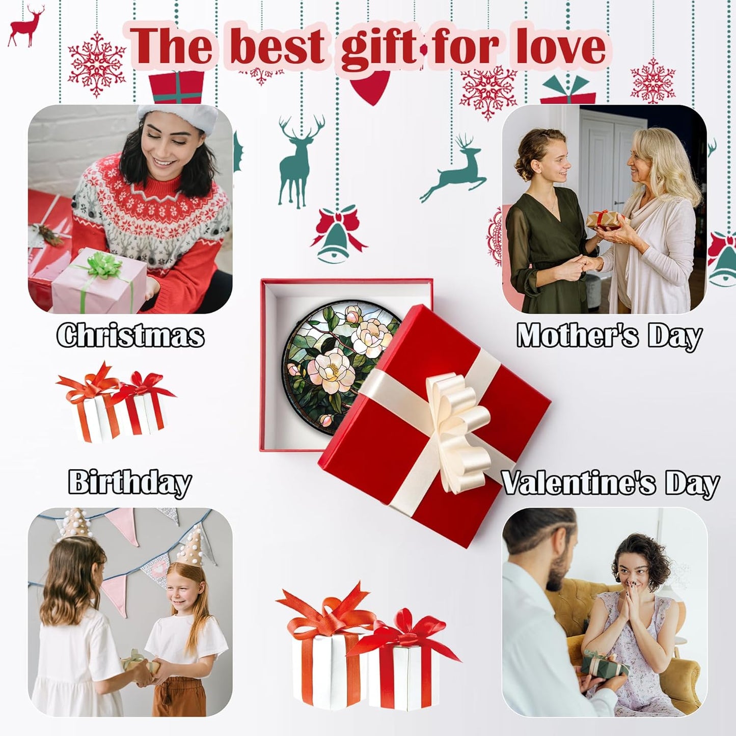 Stained Glass Suncatcher, Light Pink Flowers Green Leaf Sun Catcher Plant Stain Glass Window Hanging Decoration Mother's Day Birthday Gifts for Women Men Mom Nana 11.8 in