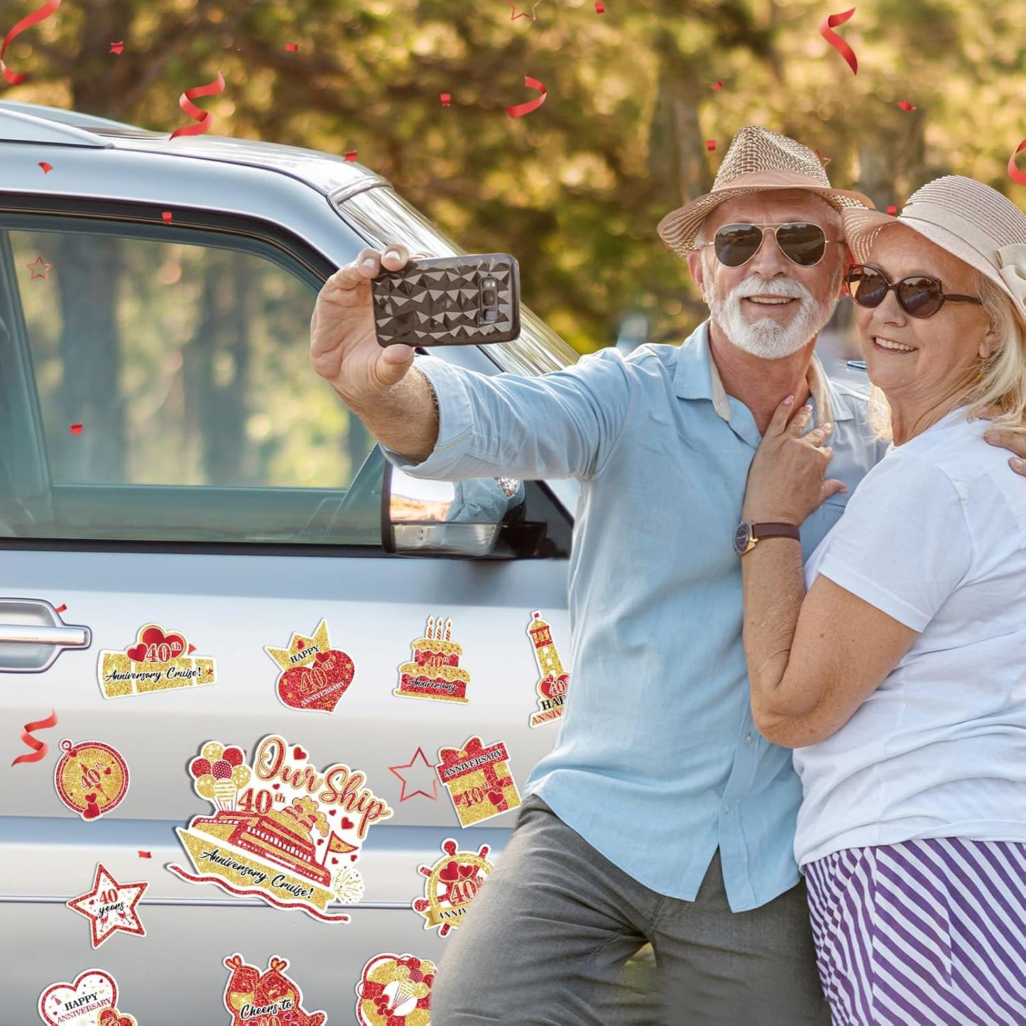 40th Anniversary Cruise Door Magnets Decorations Red Gold Happy 40th Anniversary Cruise Ship Door Decor Magnetic for Married in 1985 Men Women Wedding Party Refrigerator Fridge Car Kitchen Garage