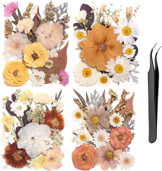 90pcs Boho Pressed Flowers Bulk, Vintage Dried Flower Leaves, Natural Fall Pressed Dried Flowers with Tweezer for DIY Crafts Resin Mold Candles Cake Bridal Scrapbooking Supplies