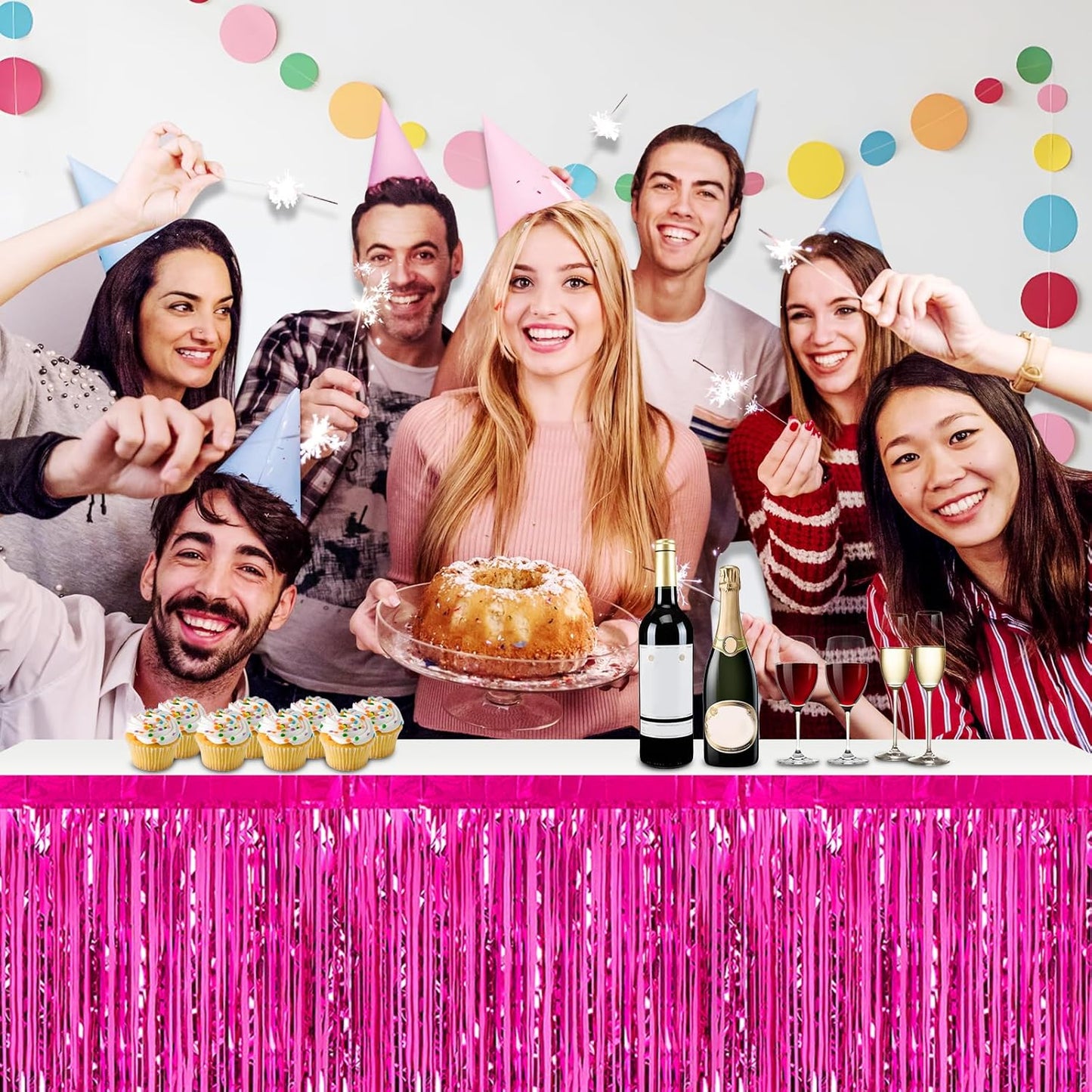 3 Pack 29x108 Inch Rose Red Foil Fringe Table Skirts Metallic Banner for Tinsel Streamer Garland Backdrop for Parade Floats Wedding Thanksgiving Birthday Christmas Halloween Party Decoration