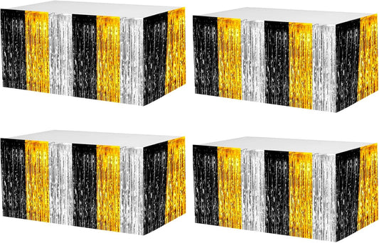 4 Pack 29x108 Inch Metallic Foil Fringe Tinsel Table Skirts for Rectangle Tables Streamer Backdrop for Wedding Birthday, Parade Floats, Christmas, Halloween Party Decoration(Gold Silver Black)
