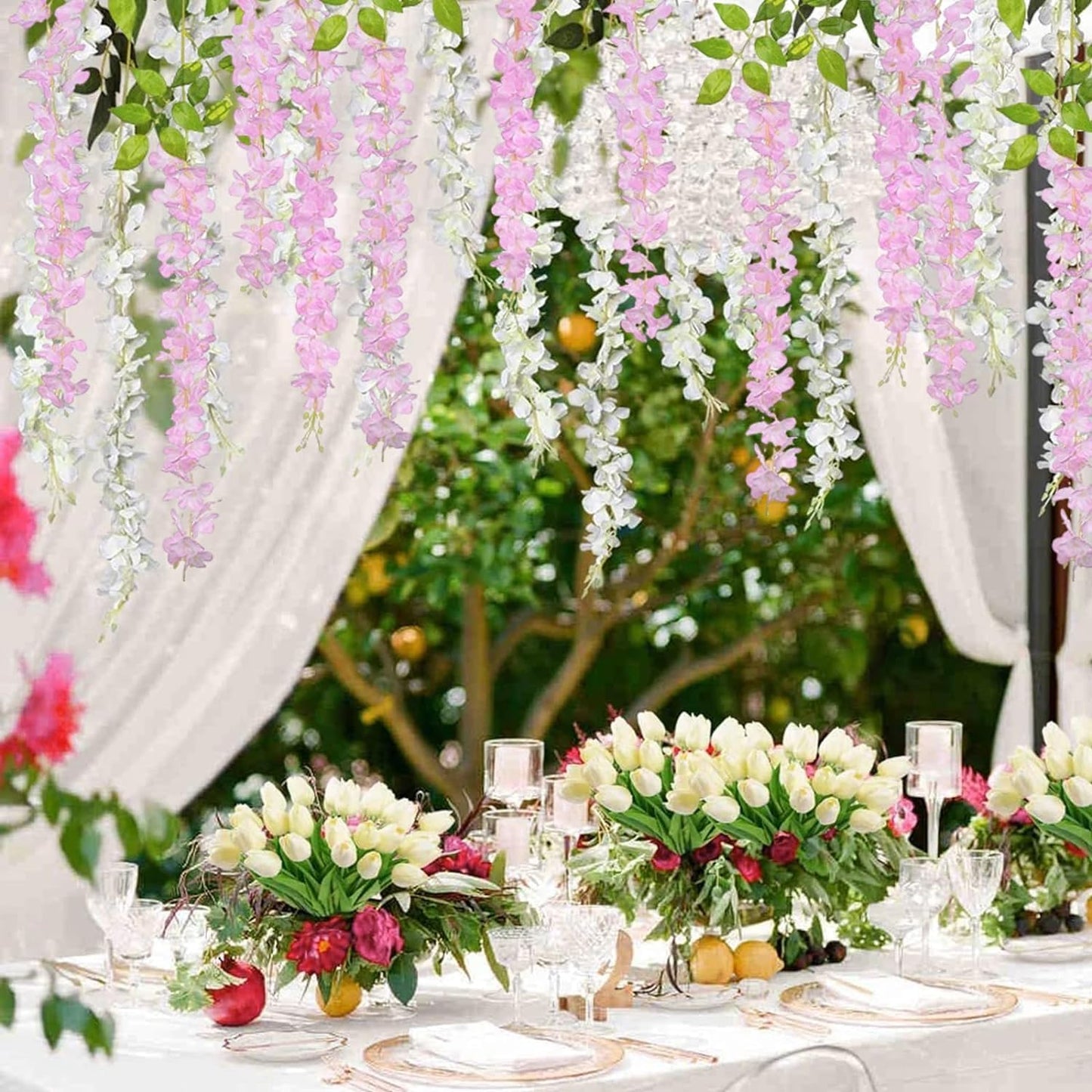 24 Pack Pink Wisteria Hanging Flowers Garland, 3.77 Feet Artificial Flower Vines, Fake Wisteria, Artificial Vines Hanging Garland for Backdrop Outdoor Yard Garden Decor