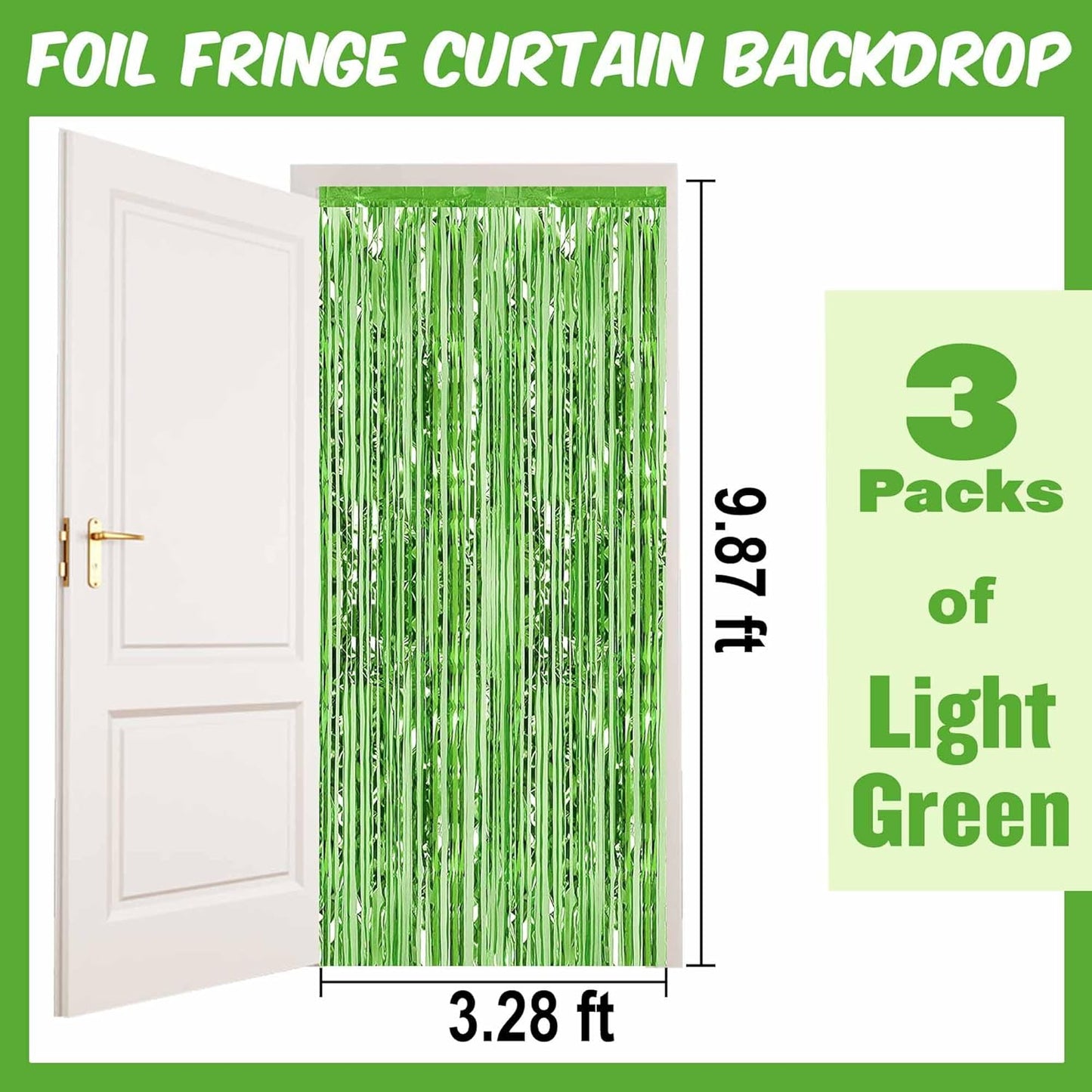 3 Pack Light Green Foil Fringe Curtains Backdrop, 3.28 x 9.8 Ft Metallic Streamers Tinsel Curtains Background for Photo Booth, Birthday, Halloween, Christmas, Thanksgiving, New Year Party Decorations