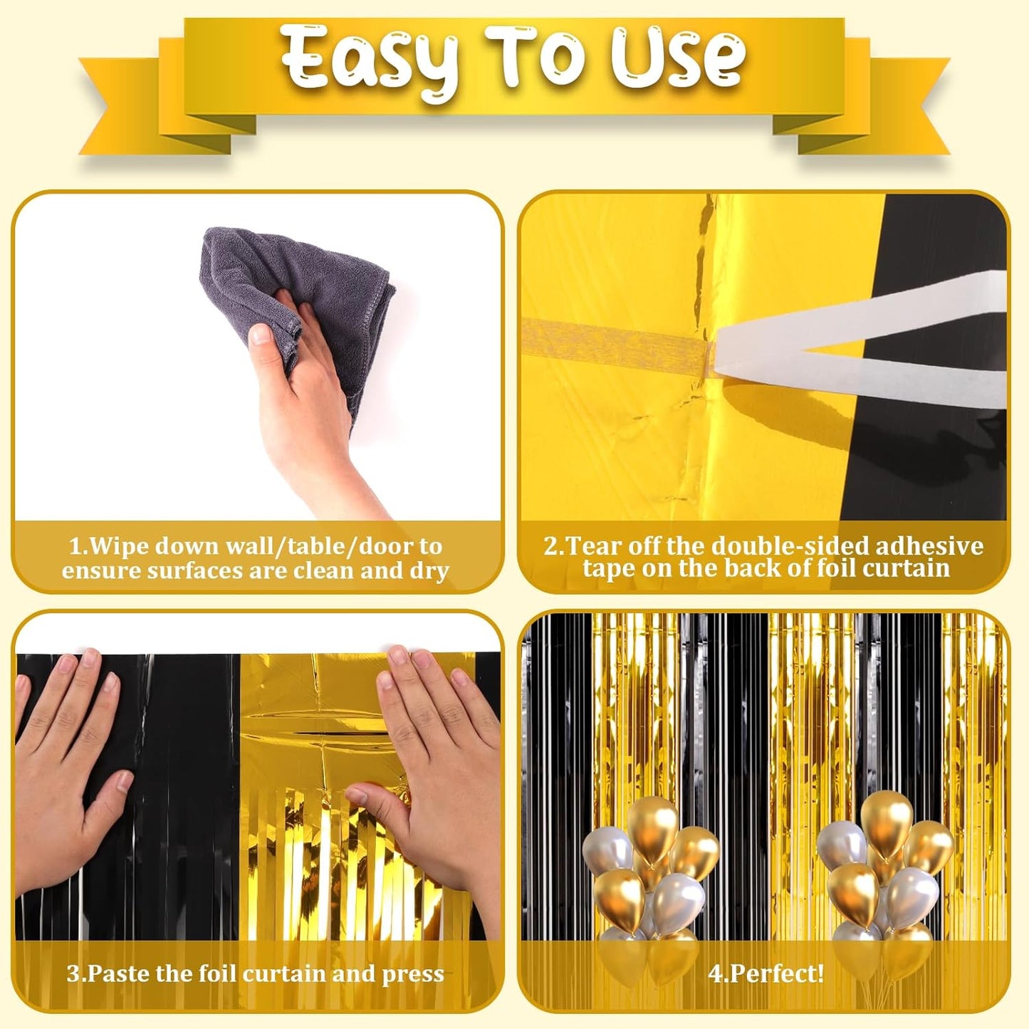 2 Pack Black and Gold Foil Fringe Backdrop Curtains, Tinsel Streamers Birthday Party Decorations, Fringe Backdrop for Graduation, Baby Shower, Gender Reveal, Disco Party