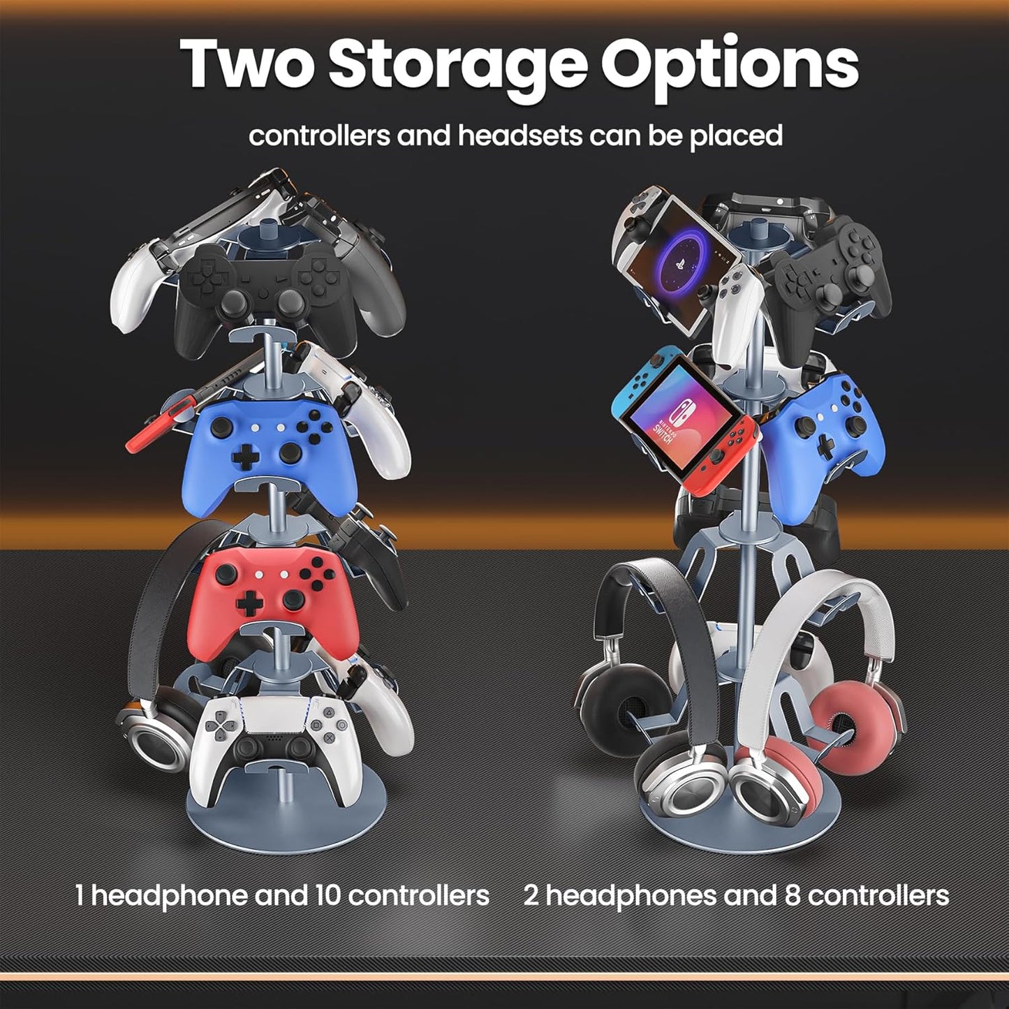 4 Tier Aluminum Alloy Game Controller Stand, Rotatable Gaming Controller Headset Holder Compatible with PS5 Xbox Nintendo Switch PS4, Controller Headphone Stand Organizer Rack for desk, Grey