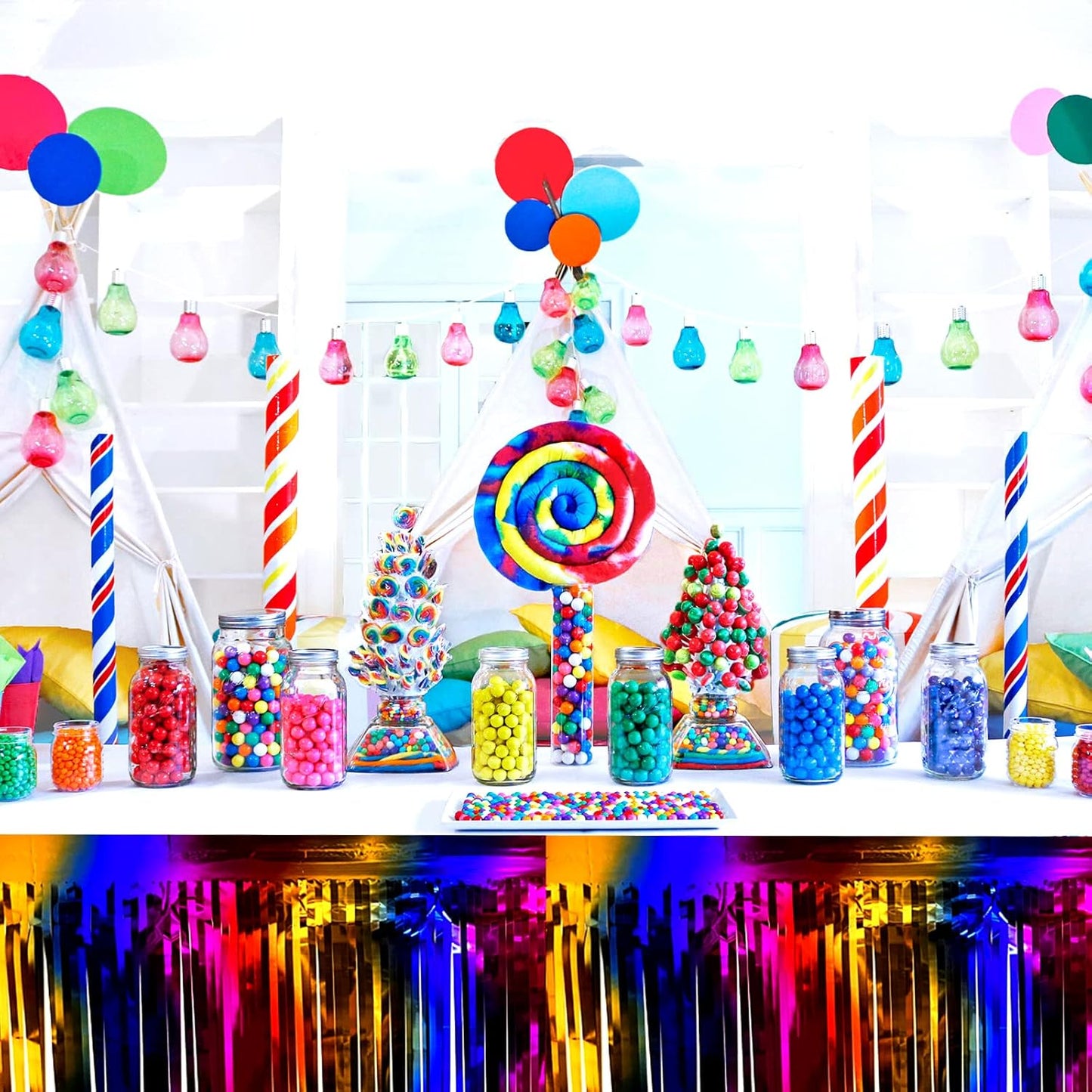 4 Pack 29x108 Inch Metallic Foil Fringe Tinsel Table Skirts for Rectangle Tables Streamer Backdrop for Wedding, Birthday, Parade Floats, Christmas, Halloween Party Decoration(Rainbow)